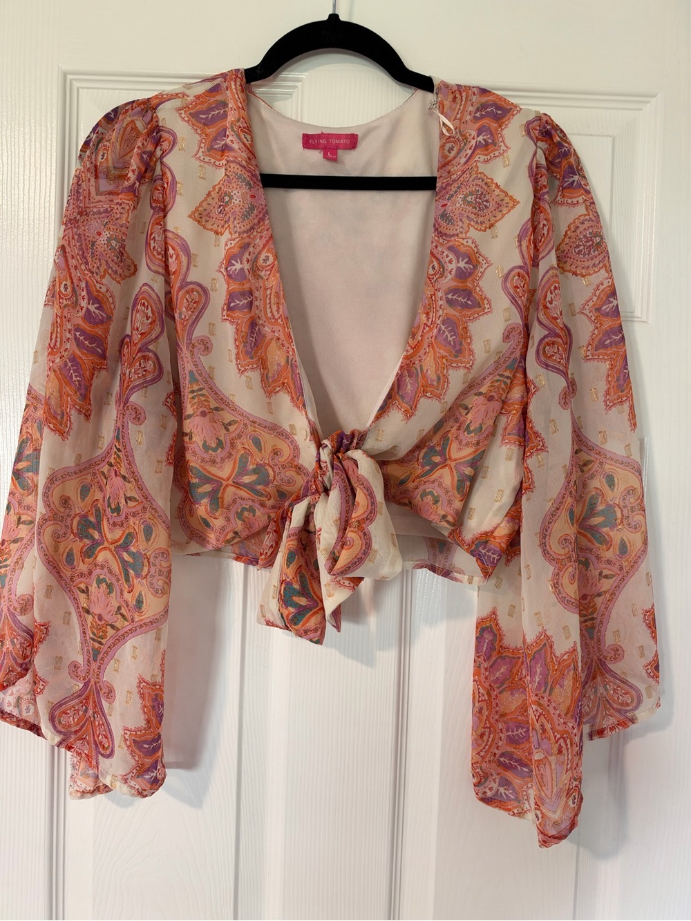 Flying Tomato Cream Pink Orange Paisley Tie-Front Blouse